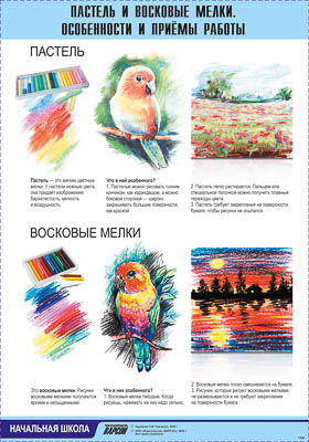 Таблица демонстрационная "Пастель и восковые мелки. Особенности и приёмы работы" (винил 100х140)
